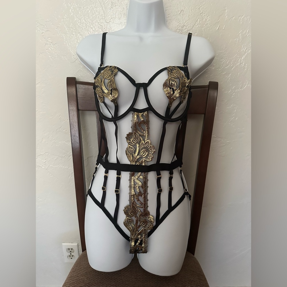 Victoria's Secret Black and Gold Embroidered Sheer Strappy Bodysuit